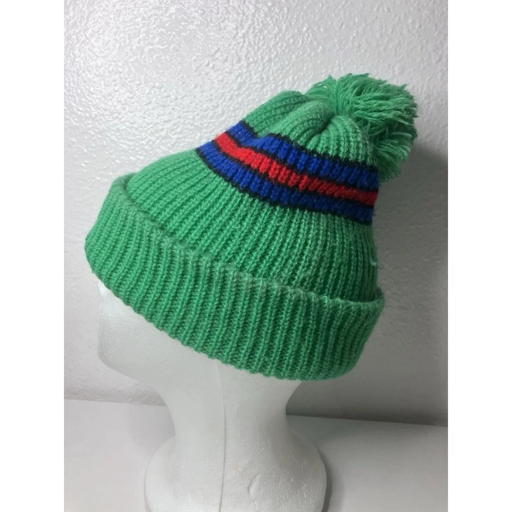 Vintage Ribbed Knit Beanie Kelly Green Winter Ski Hat Big Pom Pom Retro - Picture 5 of 8